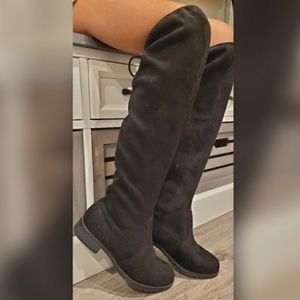 Girls Black Suede Knee High Boots